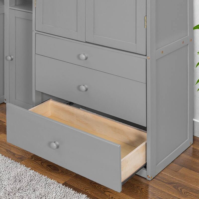 Twin Size Wooden Platform Bed with Desk and Storage, LED Light, Wardrobe Cabinets Drawers and Shelves