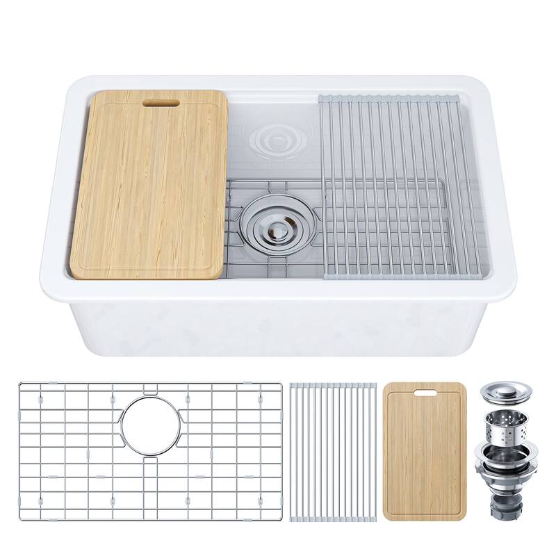 HOROW 30 in. Drop-In Single Bowl White Ceramic Kitchen Sink Standard and Bottom Grid, Drain Assembly, Cutting Board