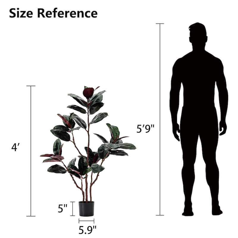 4 ft. Artificial Rubber Tree, Faux Green Plant with Bendable Branches in Black Cement-Filled Nursery Pot, Low Maintenance