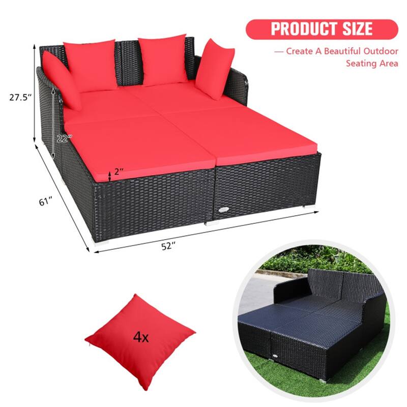Outdoor Rattan Daybed with Cushions for Patio or Backyard - 61" x 52" x 27.5"