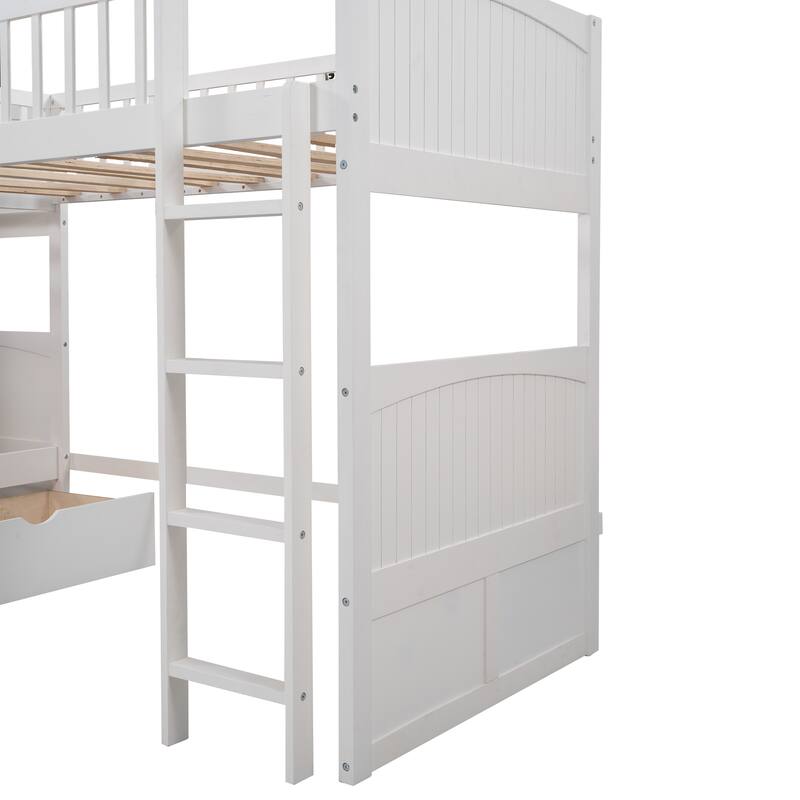 Twin Size L-Shaped Triple Bunk Bed with a Loft Bed Attached, Twin Over Twin Wood Triple Bed Bunk Beds with 2 Ladders & 2 Drawers
