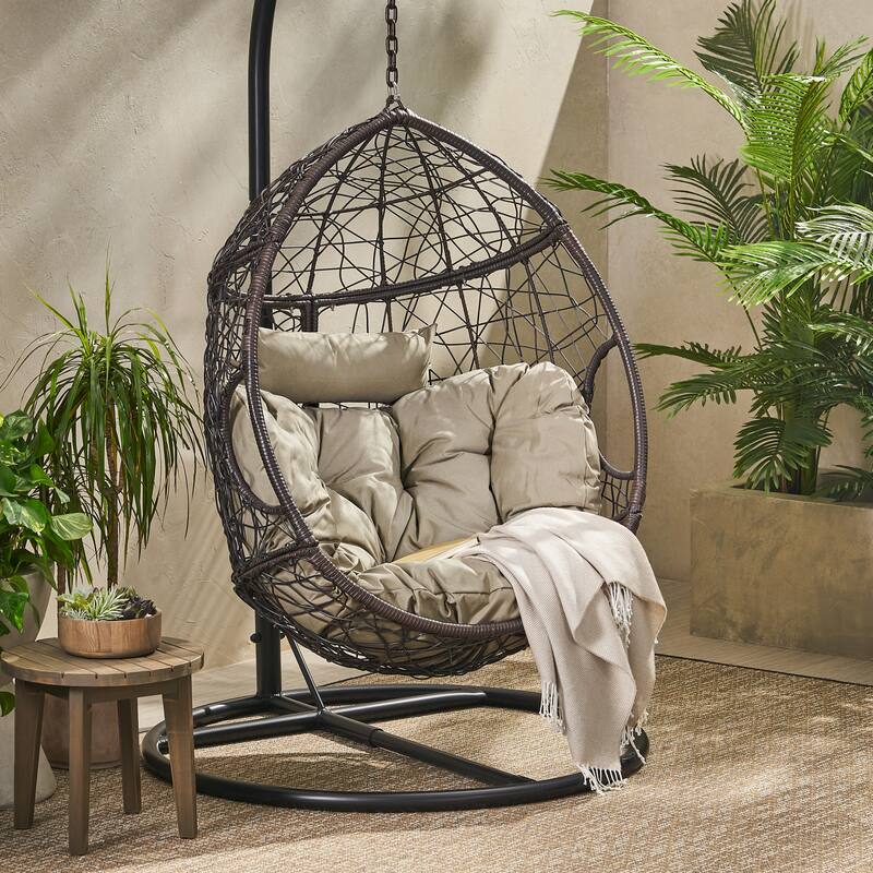 Waterproof Outdoor Wicker Hanging Basket Chair with Cushions, Hammock Seat - 300 lbs Capacity