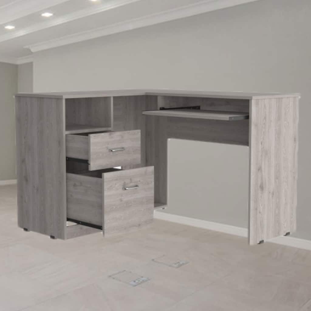 Modern L-Shaped Desk with Keyboard Tray, Two Drawers, and Open Shelf for Corner or Wall Placement