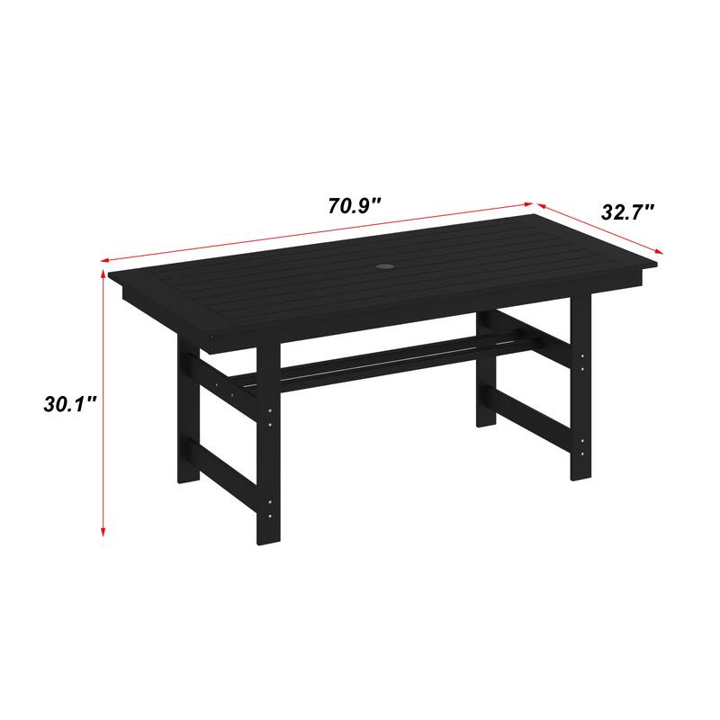 70.9" Outdoor Dining Table with Umbrella Hole, HDPE All Weather Patio Table Waterproof UV Resistant Rectangular Dining Table