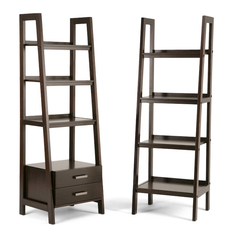 WYNDENHALL Hawkins SOLID WOOD 72 inch x 24 inch Modern Industrial Ladder Shelf with Storage - 24"w x 20"d x 72"h