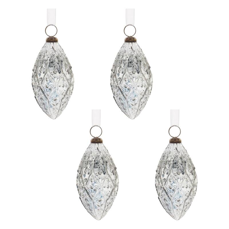 Raised Ornamental Glass Christmas Drop Ornaments - 5" - Clear - 4ct