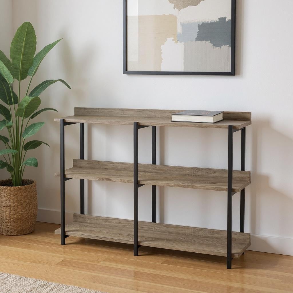 HomeRoots 47" Taupe and Black Wood and Metal Frame Console Table With Three Shelves - 47.25 in. x 34.00 in. x 12.00 in.