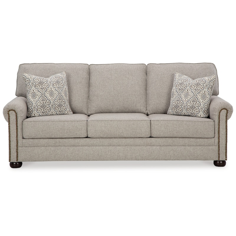 Gael Sofa, Gray Beige Polyester, Dark Brown Nailhead Trim 87 Inch