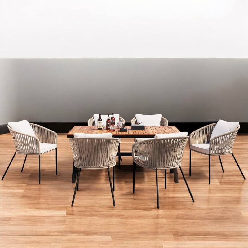 7-Piece Outdoor Patio Dining Set with Rope Weave Chairs, Cushions & Adjustable Feet - Ideal for Patio, Garden & Balcony - Beige