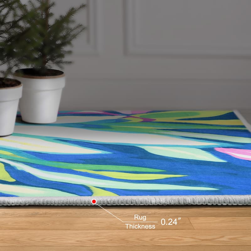 Blue Tropics I, Hand Washable Flowers Art Area Rug, power-loomed, 100% polyester, 2mm pile, non-slipping back