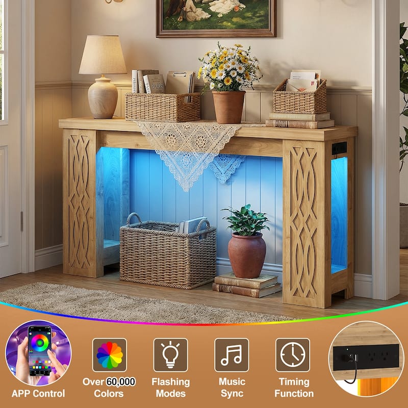 47" Farmhouse Console Table with RGB LED Light ＆ Power Outlets, Unique Carved Design Farmhouse Entryway Table Sofa Table