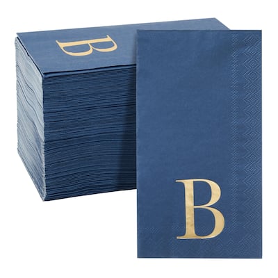100 Pack Navy Blue Monogrammed Napkins with Letter B, Gold Foil Initial for Wedding Reception, Engagement Party (4x8 Inches)