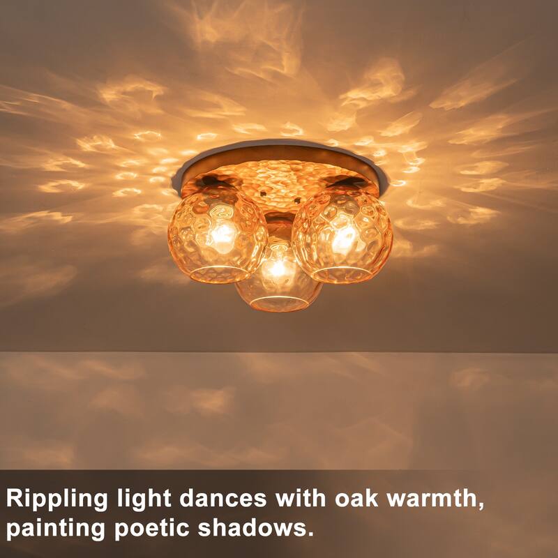 3-Light Rustic Wood Flush Mount Ceiling Light with Textured Amber Glass Shades - Dia.16.54-in