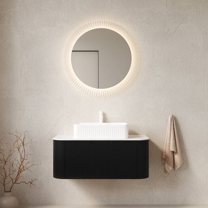 36" Bathroom Vanity Sink, Floating Curved Edges Striped Bathroom Storage Cabinet with Drawer, Rectangular Ceramic Basin Carrara - Black,White