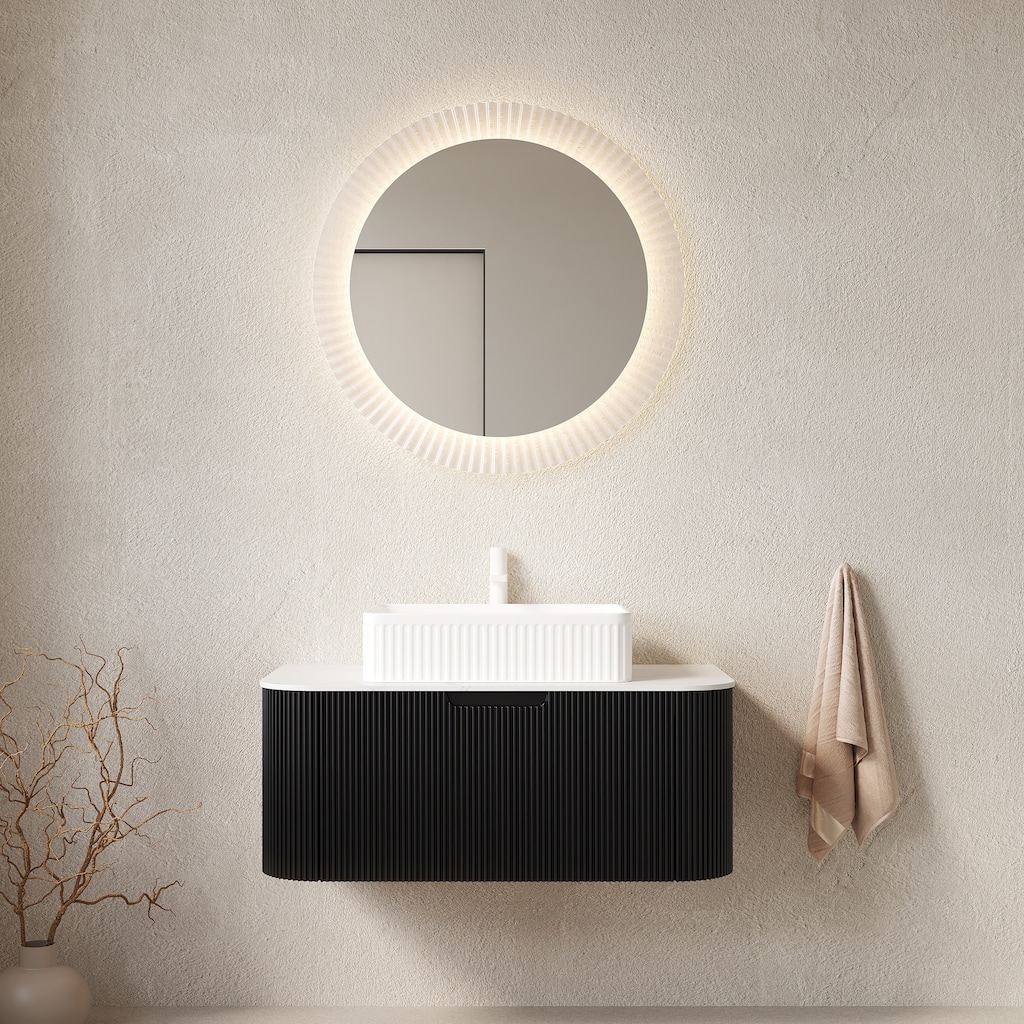 36" Bathroom Vanity Sink, Floating Curved Edges Striped Bathroom Storage Cabinet with Drawer, Rectangular Ceramic Basin Carrara