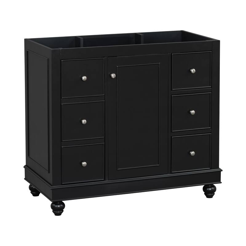 Roomfitters 36" Bathroom Vanity Cabinet Only, Storage Cabinet with 6 Drawers and Center Door, Sink Not Included, Black