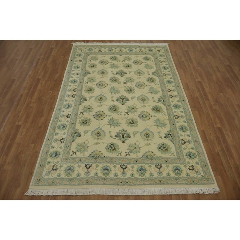 Hand Knotted Oriental Wool & Silk Carpet Traditional All-Over Beige & Ivories Tabriz Area Rug - 9' 10'' X 6' 4''