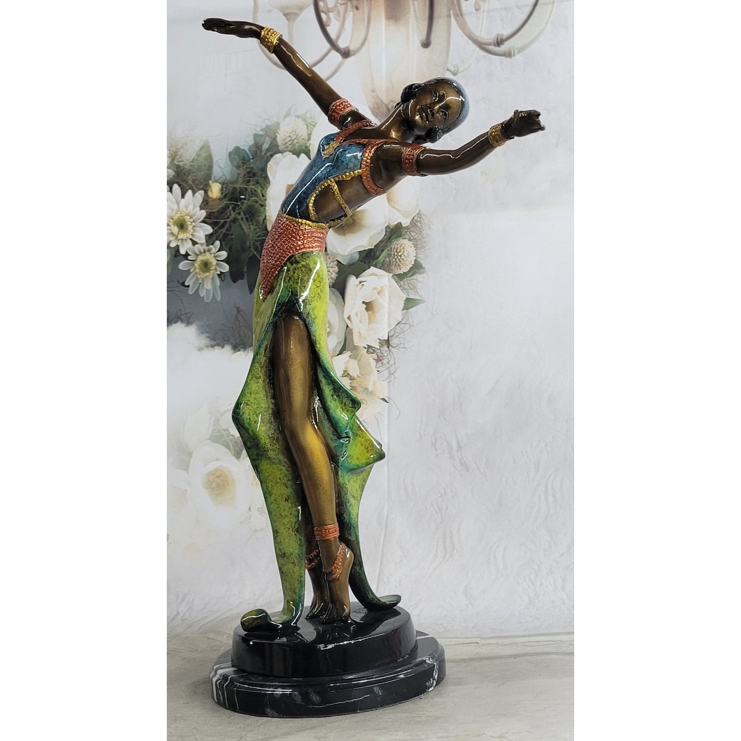 Colorful Patina Bronze Art Deco Flapper Dancer Statue Sculpture Figure Decor 23 Inches X 13 Inches
