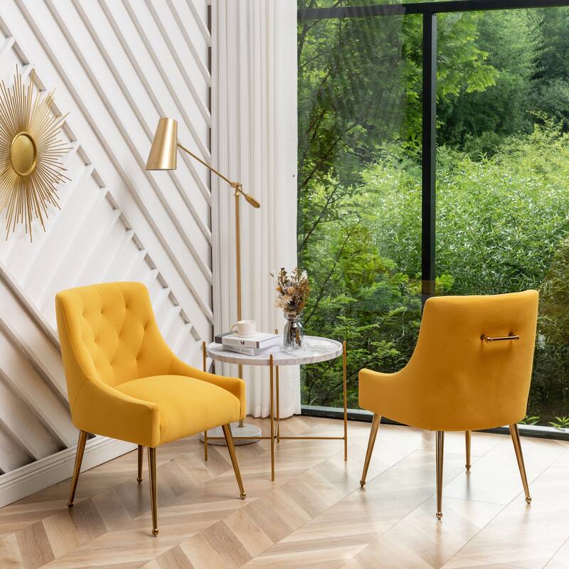 SEYNAR Modern Boucle Velvet Upholstered Accent Dining Chair Set of 2 Tufted Back Armless Chair with Golden Legs - Yellow