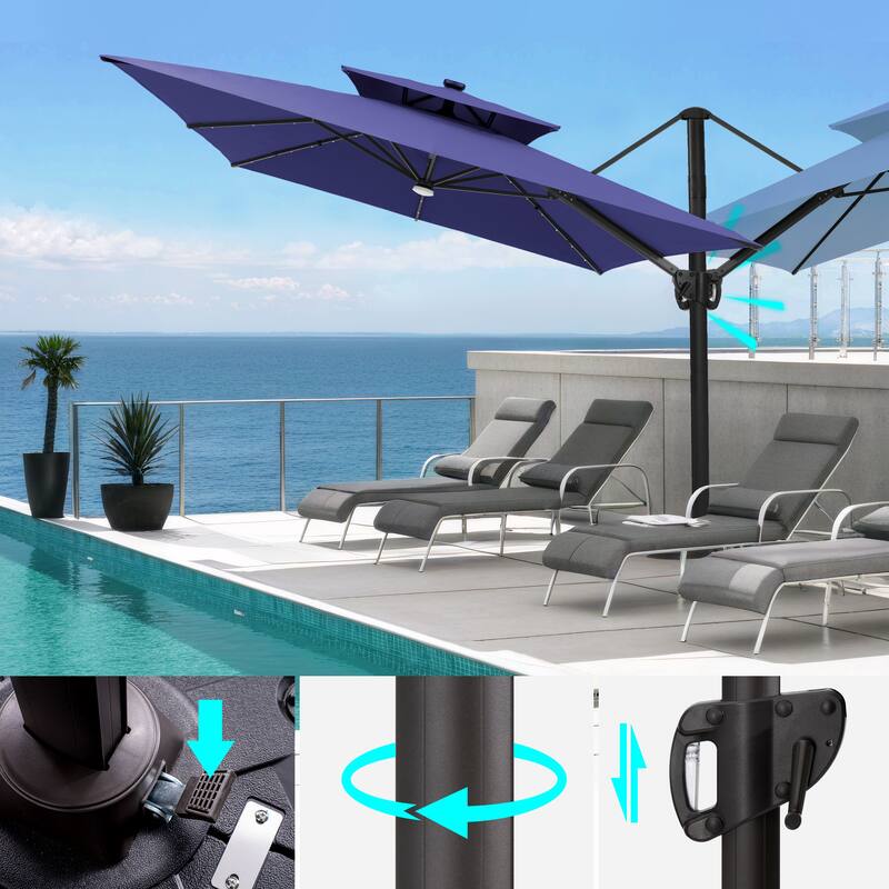 VredHom 9 x 11ft Outdoor Rectangular Dual Top Cantilever Patio Umbrella LED Light