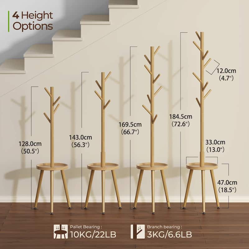 Coat Rack, Wooden Coat Rack Freestanding with Shelf, Coat Tree with 4 Height Options 50.5"-72.6"Hanger Stand
