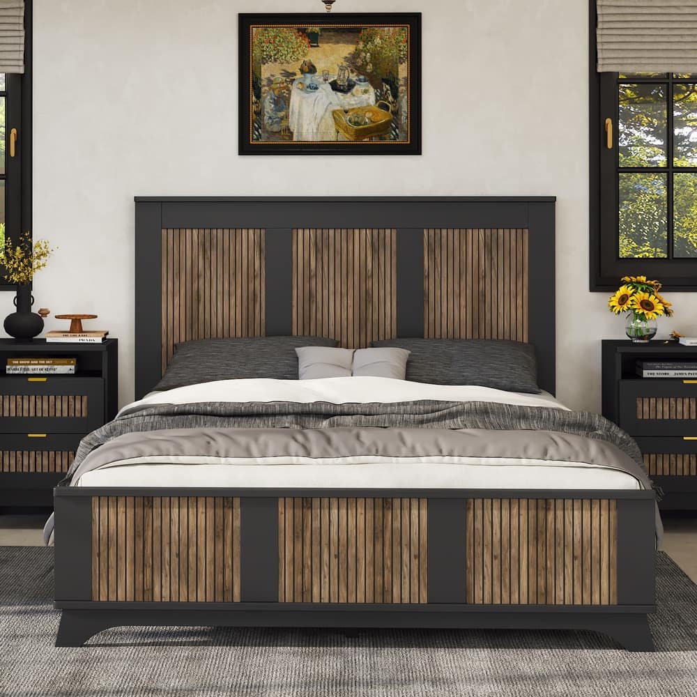 Black Queen Size Farmhouse Wooden Platform Bed with Strip Decoration