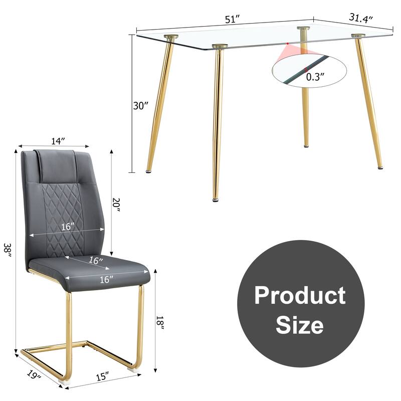 Rectangular Dining Table Set 4 Chairs Tempered Glass Top Gold Metal Legs Modern
