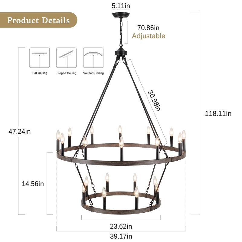 20-Light 39.17-inch Two Tier Wagon Wheel Chandelier for Kitchen