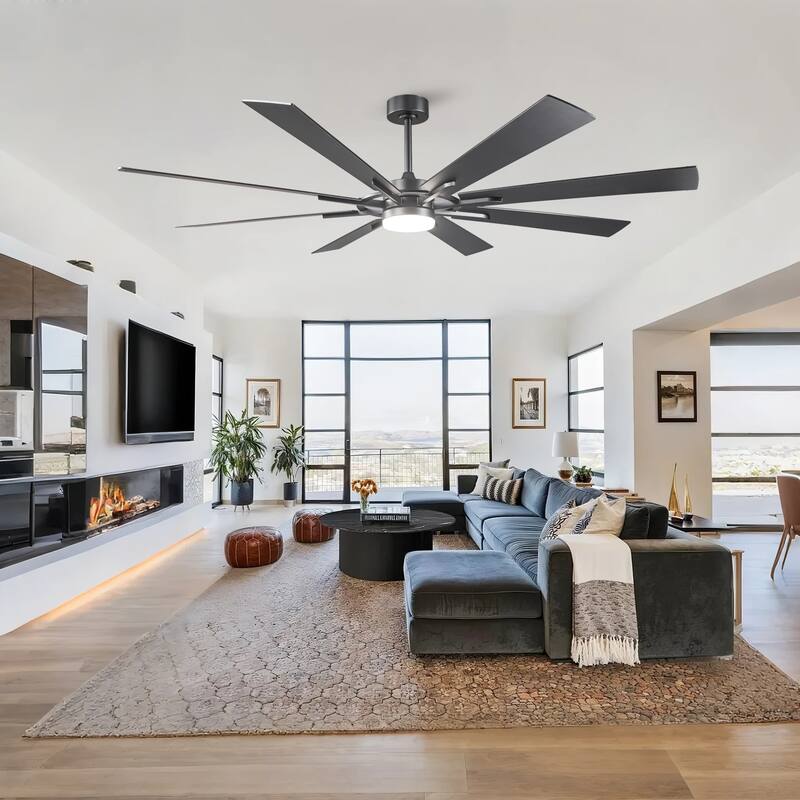 72" Matte Black Large Windmill Farmhouse Integrated LED Ceiling Fan with Light and Remote - 72"Wx12.8"H