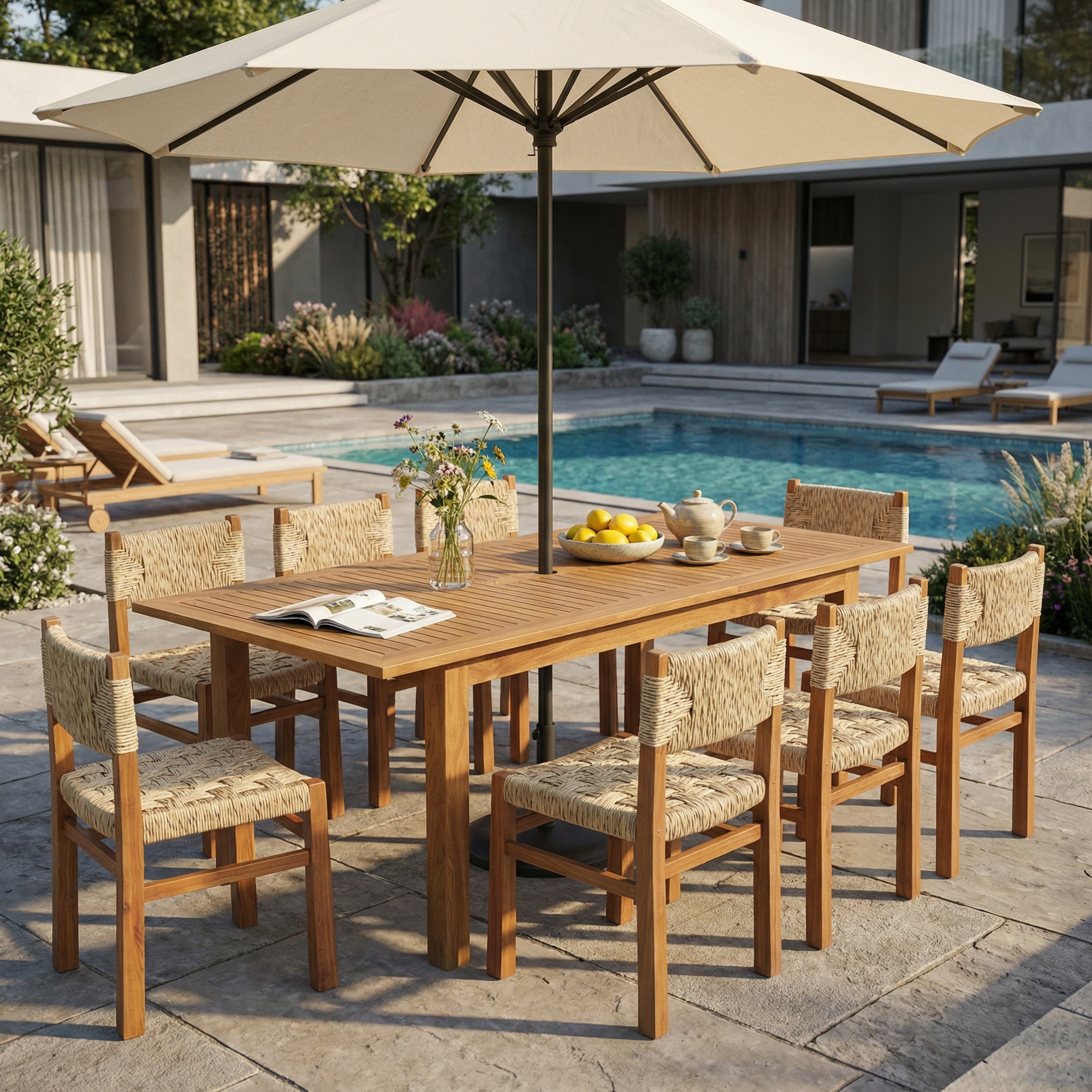 Christopher Knight Home - Boho 9-Piece Acacia Wood Rectangular Patio Dining Set with Rope-Woven Chairs & Umbrella Hole