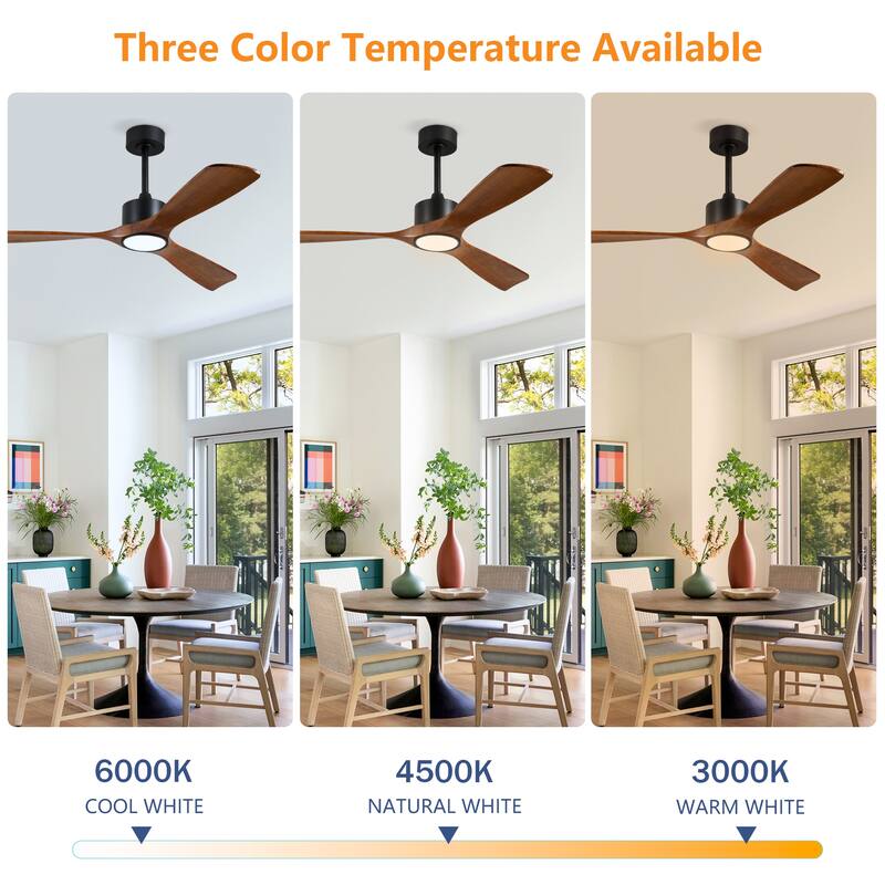 3 Rod Solid Wood Ceiling Fan With Light Kit Dimmable LED