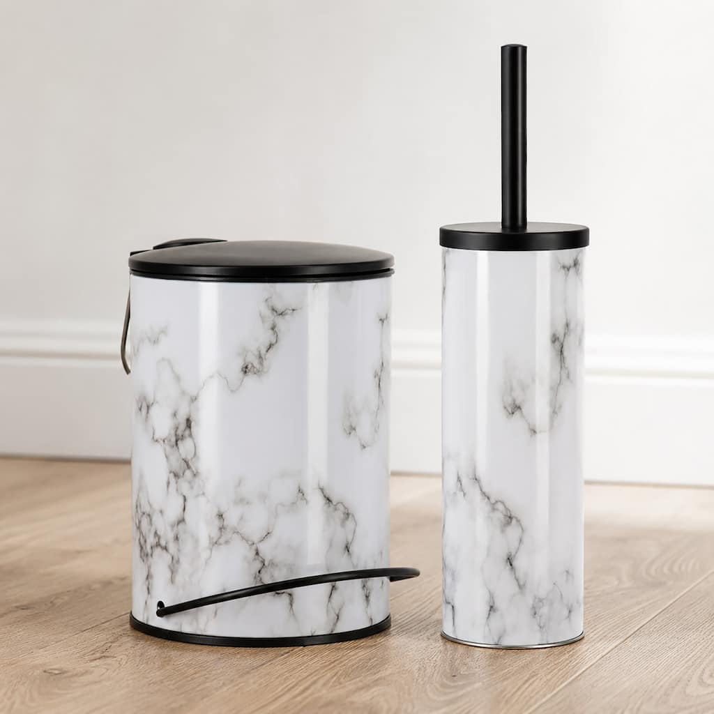 Carrara Noir 2 Piece Bathroom Set, Trash Can 3 Liter and Slim Toilet Brush Holder, Black and White Marble, Matte Accents