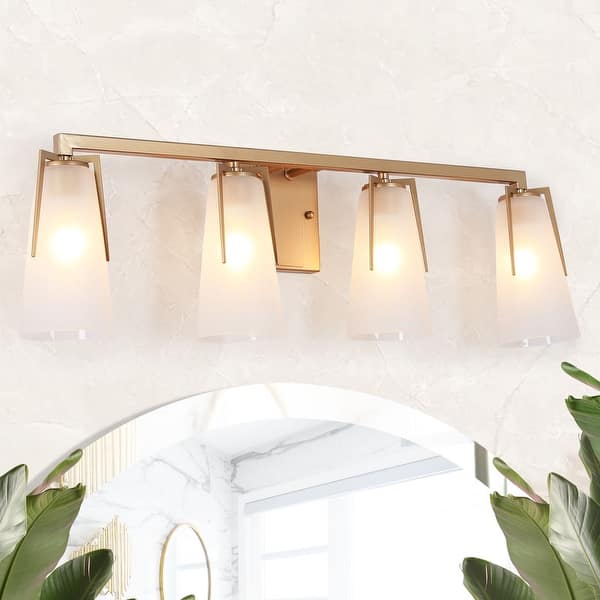slide 2 of 24, Modern Glam 2/3/4-Lights Gold Bathroom Vanity Lights Dimmable Frosted Funnel Glass Wall Sconces