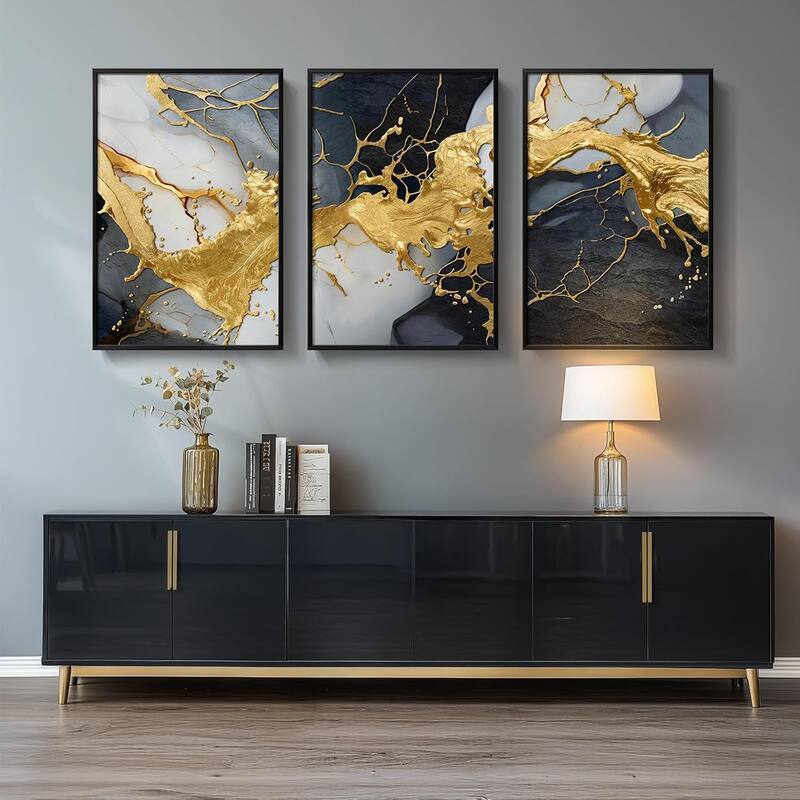 Black and White Gold Abstract Wall Art