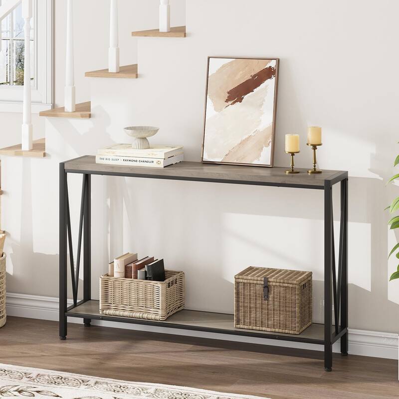 2-Tier Narrow Console Table, Stylish Sofa Side Table for Entryway - Grey