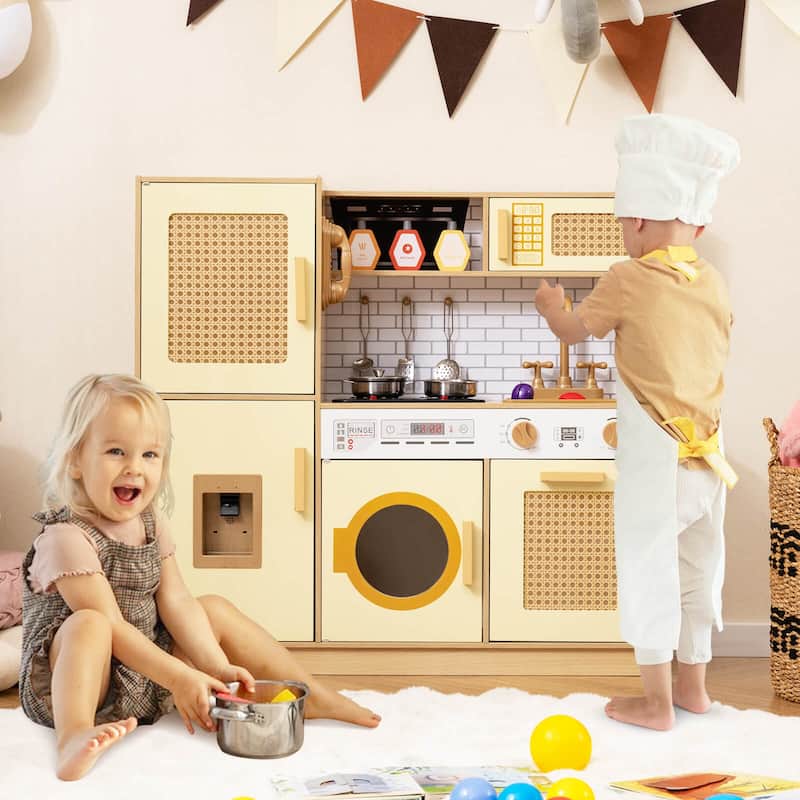 Costway Wooden Kids Kitchen Playset Pretend Play Kitchen with Real - See Details