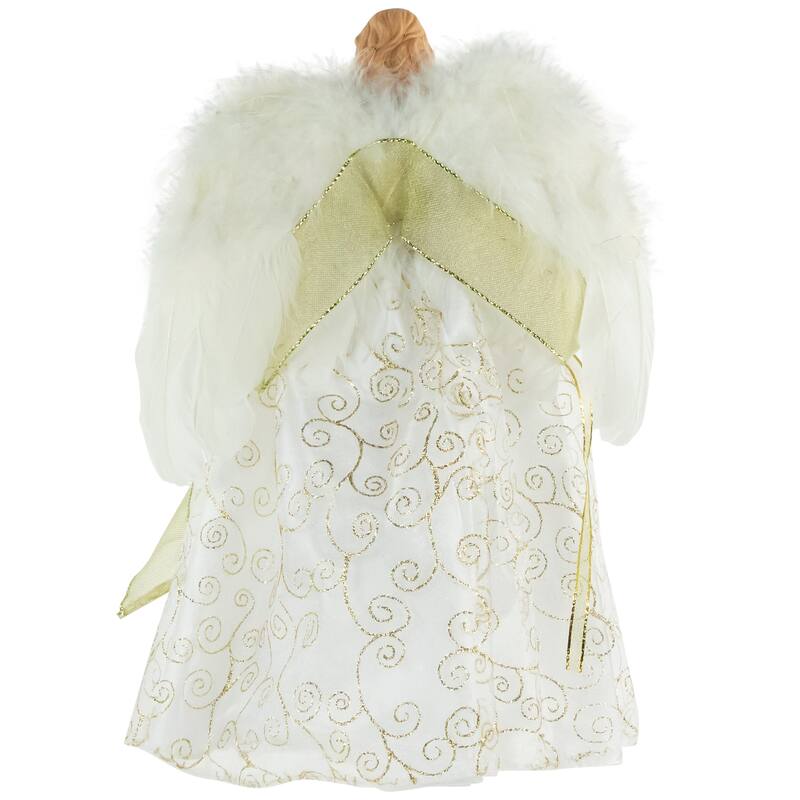14" Lighted White and Gold Angel in a Dress Christmas Tree Topper - Warm White Lights - 14