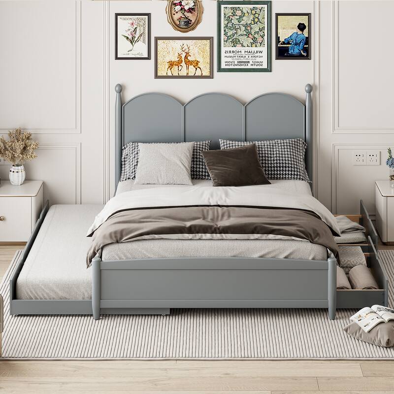 Multifunctional Queen Bed with 2 Large Drawers and Twin XL Trundle, Space-Saving Platform Bed