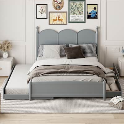 Queen Size Curved Wingback Platform Bed with 2 Drawers and Trundle Bed