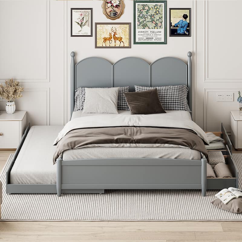 Queen Size Wood Platform Bed with 2 Drawers and Twin XL Trundle, Solid Wood Queen Bed Frame with Headboard, Wood Slats Support