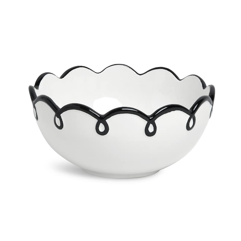 Sango Splash of Cheers 12-Piece Earthenware Dinnerware Set for 4- White with Black Scalloped Rims