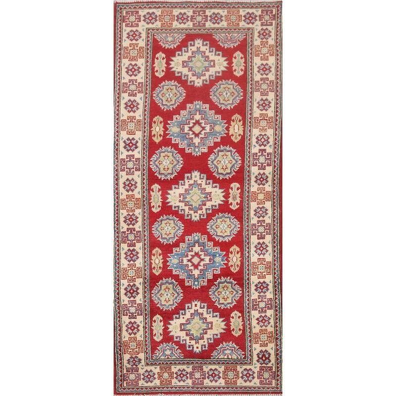 Hand Knotted Oriental 100% Wool Carpet Traditional Geometric Red Kazak Runner Rug - 6' 8'' X 2' 9''