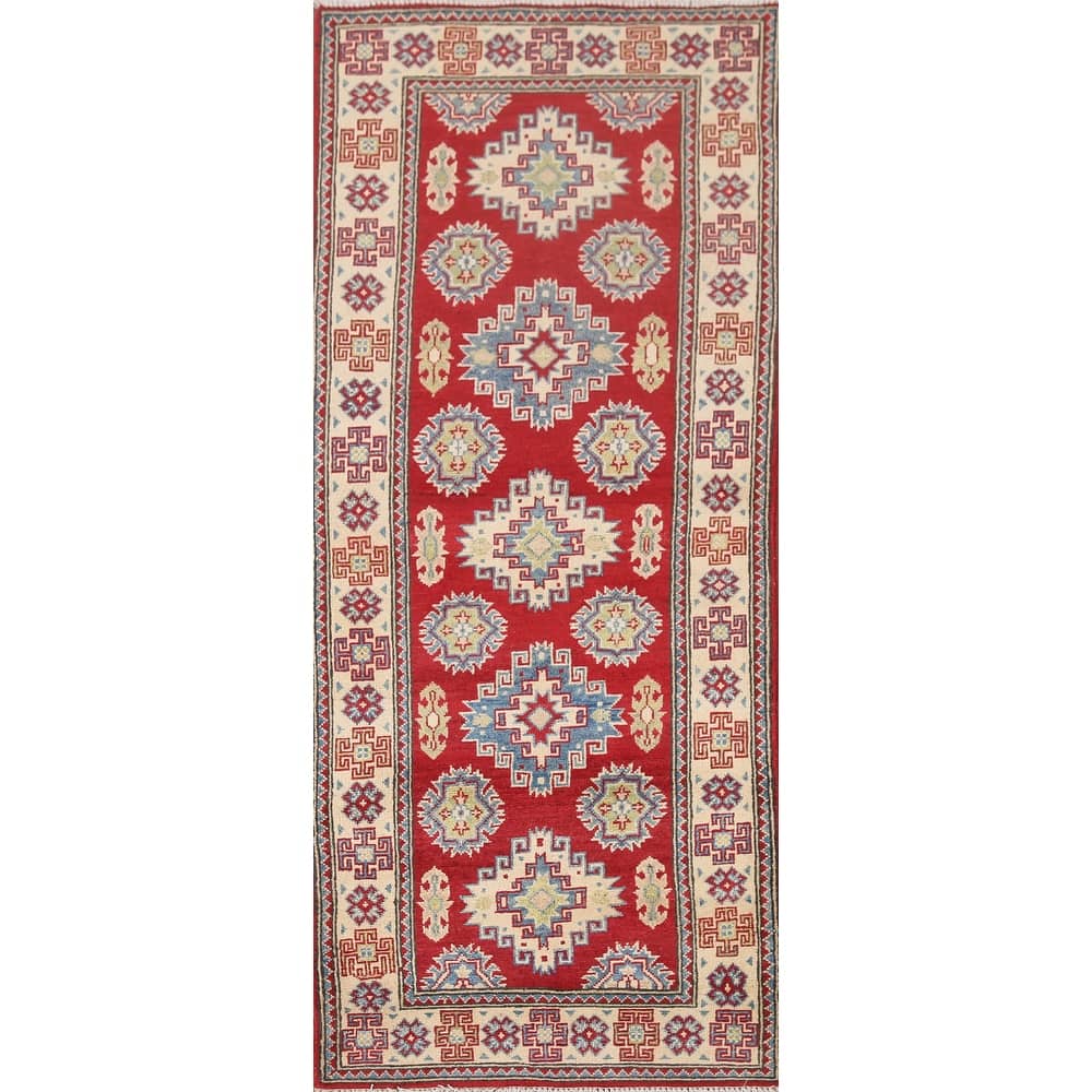 Hand Knotted Oriental 100% Wool Carpet Traditional Geometric Red Kazak Runner Rug - 6' 8'' X 2' 9''