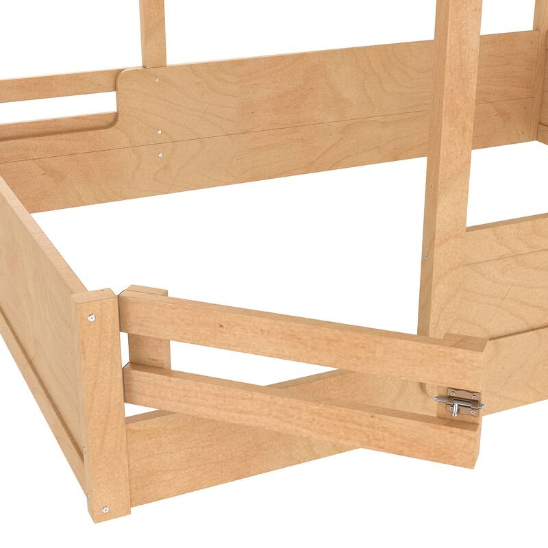 Queen Size Floor Bed with Guardrails and Roof, Kids House Floor Bed with a Small Built-in Tray and Free-installed Signboard