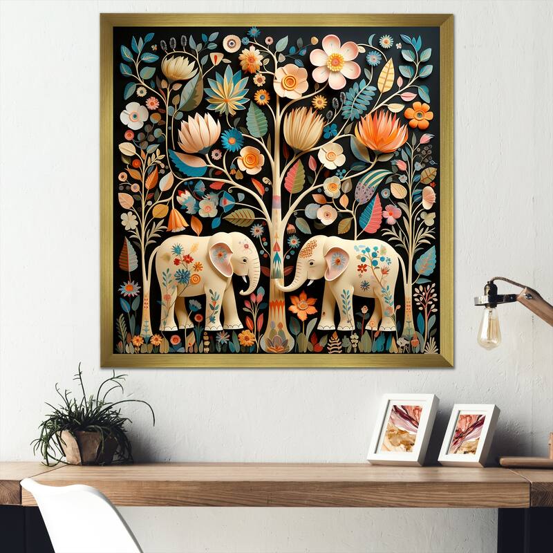 Designart "Indian Art Jaipur Elephants IV" Indian Art Wall Decor Beige Global Living Room Framed Canvas Art - 36 in. wide x 36 in. high - Gold