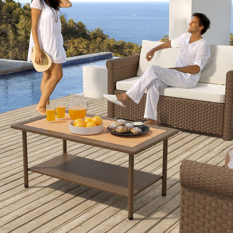 Fernald Outdoor Wicker Coffee Table Rattan Rectangle Dining Table Brown