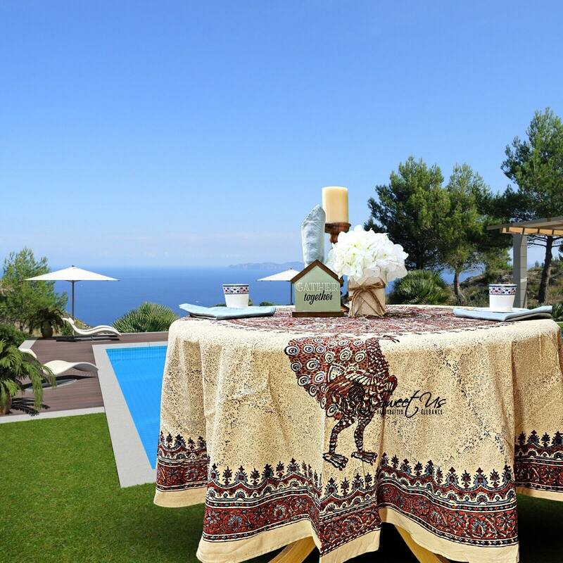 Block Print Veggie Dye Peacock Paradise Paisley Tablecloth Collection - 72-in Round