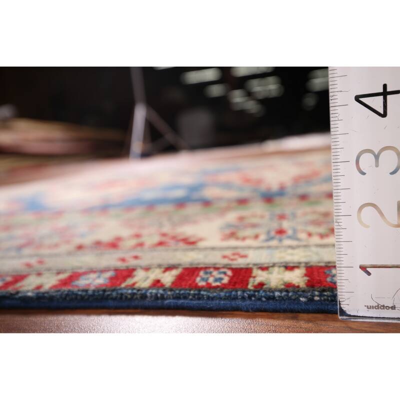 Blue Geometric Kazak Area Rug Hand-Knotted Geometric Wool Carpet - 5'0" x 6'8"