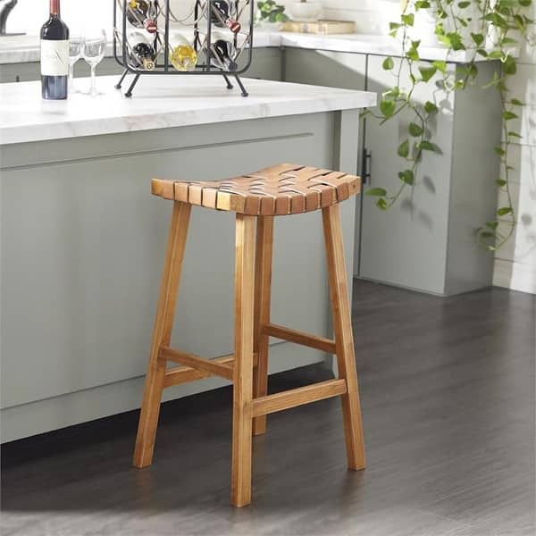 Woven Leather And Birch Wood Bar Stool - Overstock - 34509080