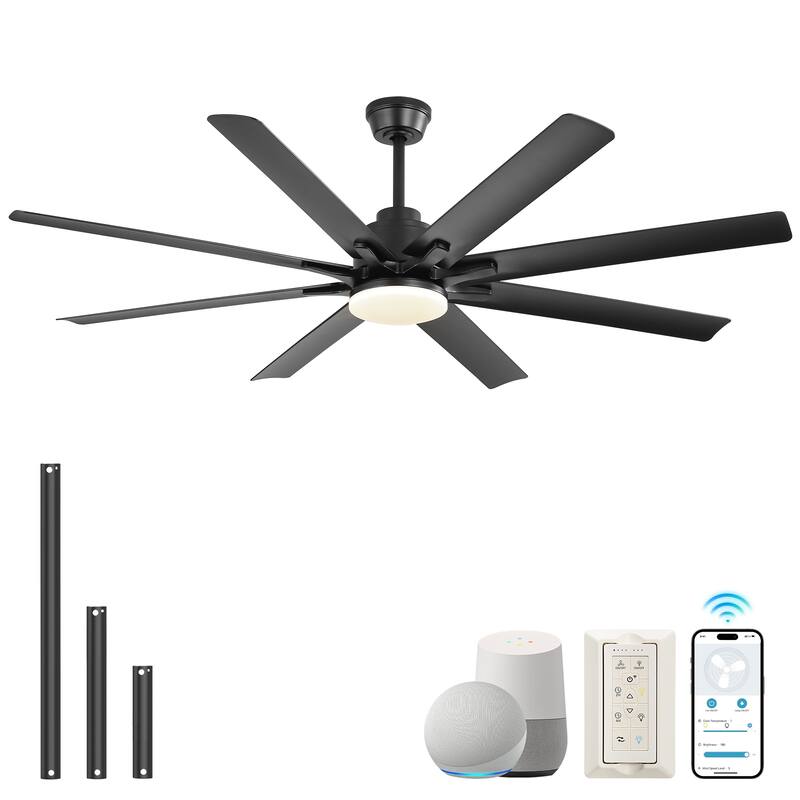 Sofucor 52 Inch Ceiling Fans with Lights and Remote,Reversible DC Motor,8 ABS Blades Indoor/Outdoor,Smart Control Optional - Smart(Remote+APP+Voice Control) - Black with Black Blades